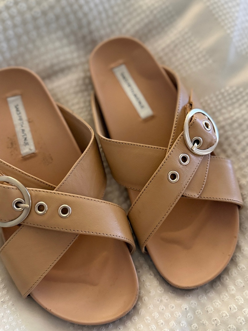Saks Fifth Avenue Tan Leather Cross-Band Slide Sandals with Silver Buckles